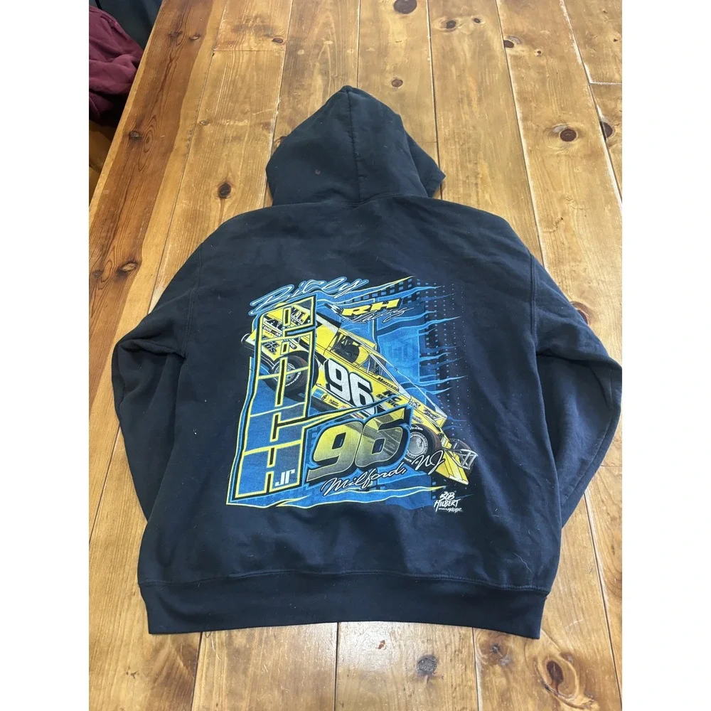 Gildan Men's M Black Pullover Hoodie Sweatshirt Racing 96 Graphic Print